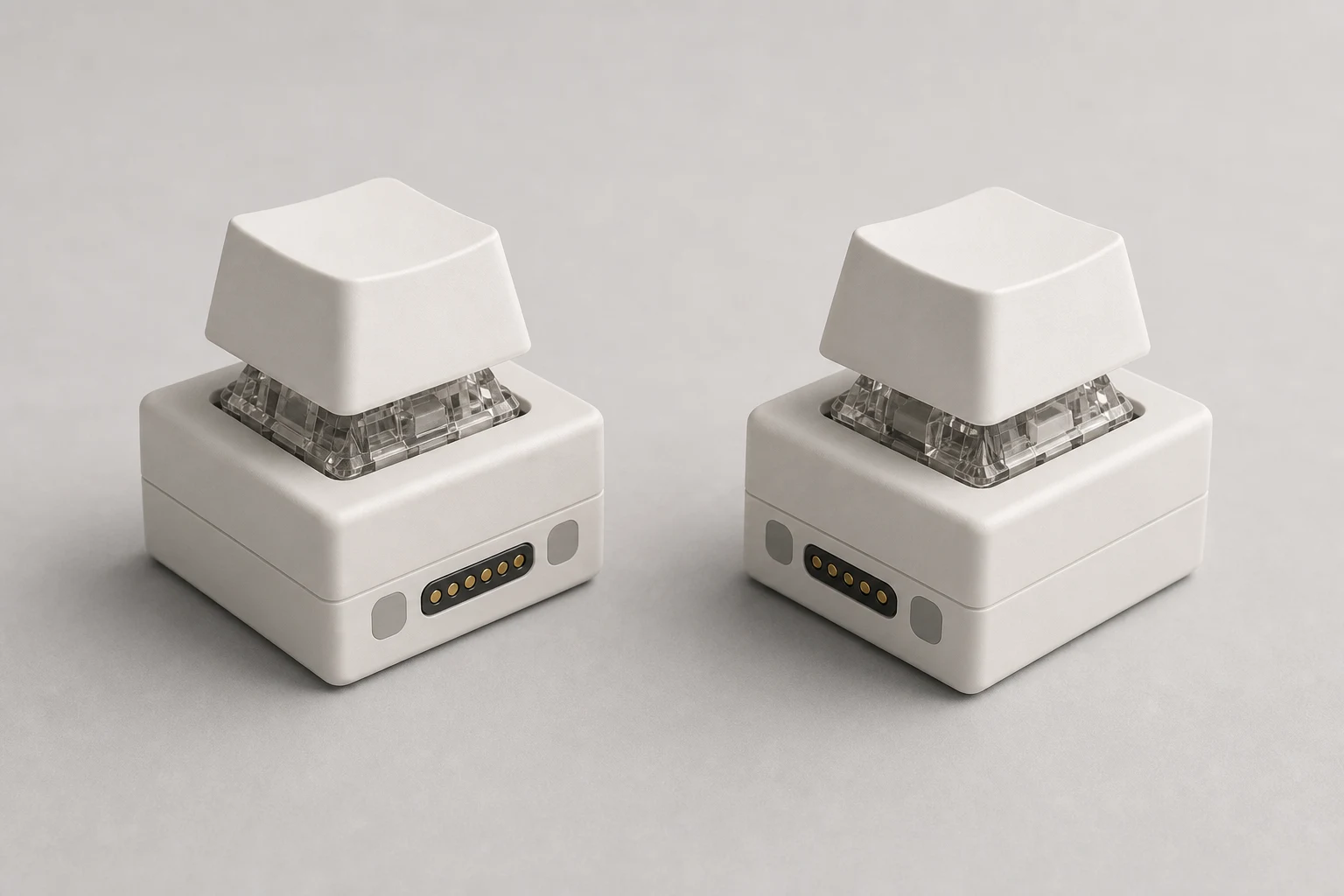A centered close-up of two OmniNode side cassettes, each with six contacts alternating raised pogo pins and flat hard-gold pads.