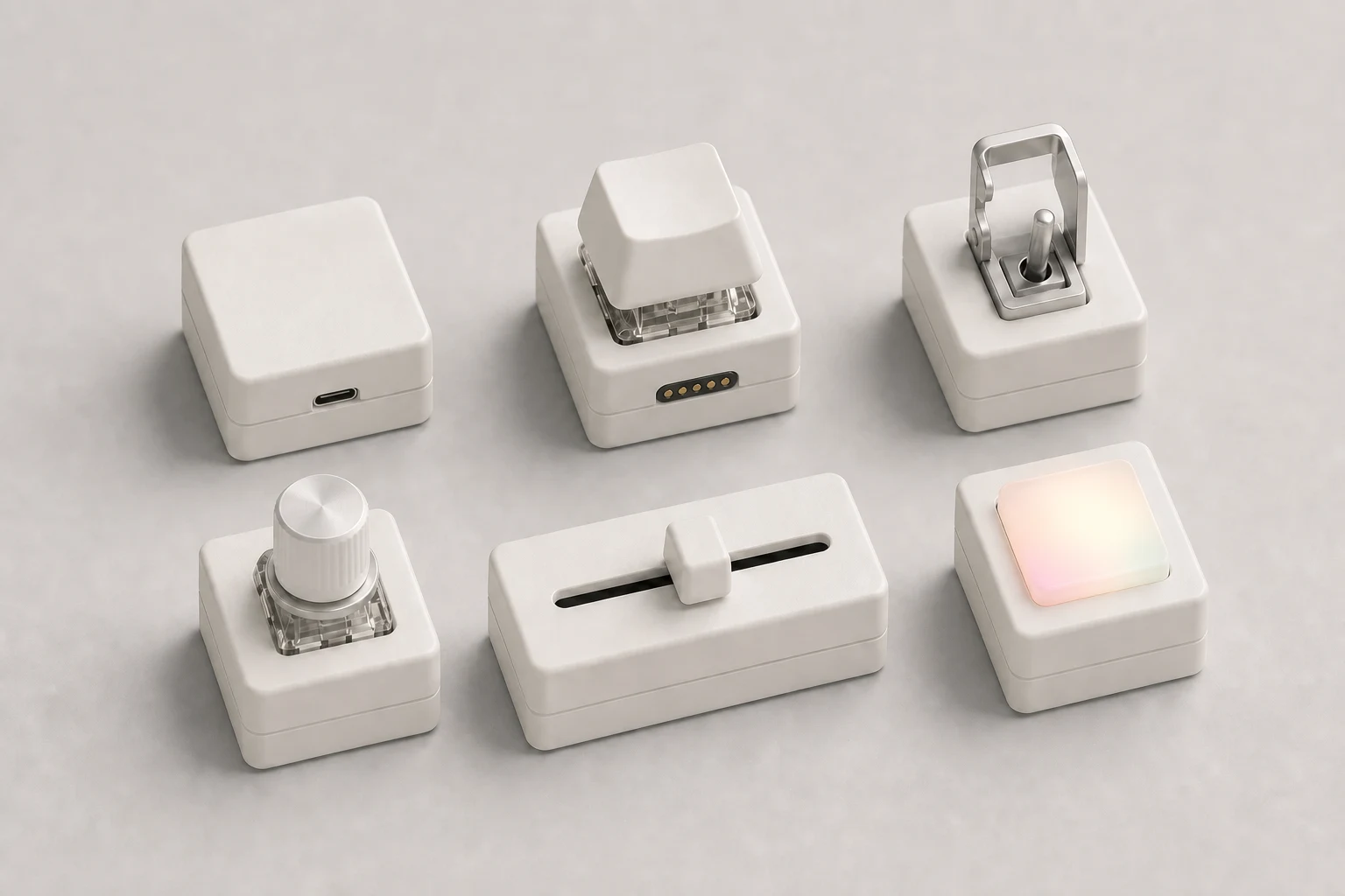 Core OmniNode modules: Main, Button, all-metal aircraft Toggle, Encoder, Slider and Light.