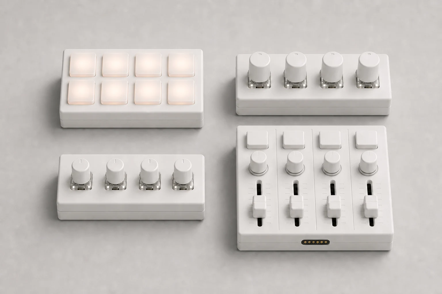 Dense OmniNode modules: eight-pad Pad, four-control EncoderBank, four-control PotBank and twelve-control Mixer.