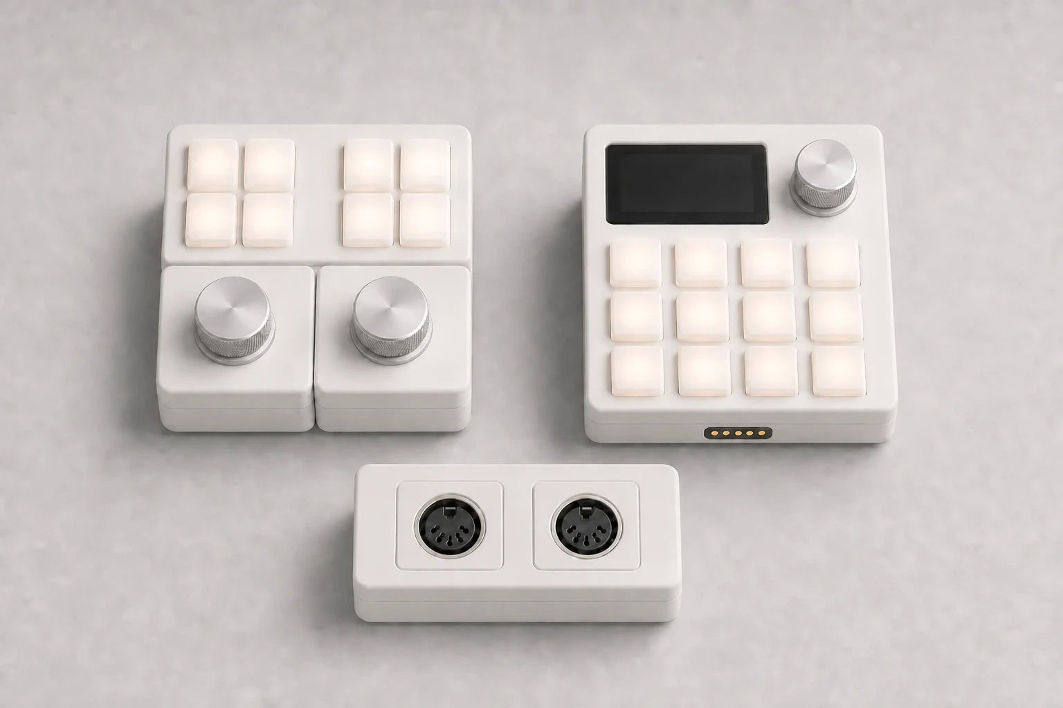 Specialist OmniNode modules: dual-wheel Jog, screen-and-keys Display and dual-DIN MidiBridge.
