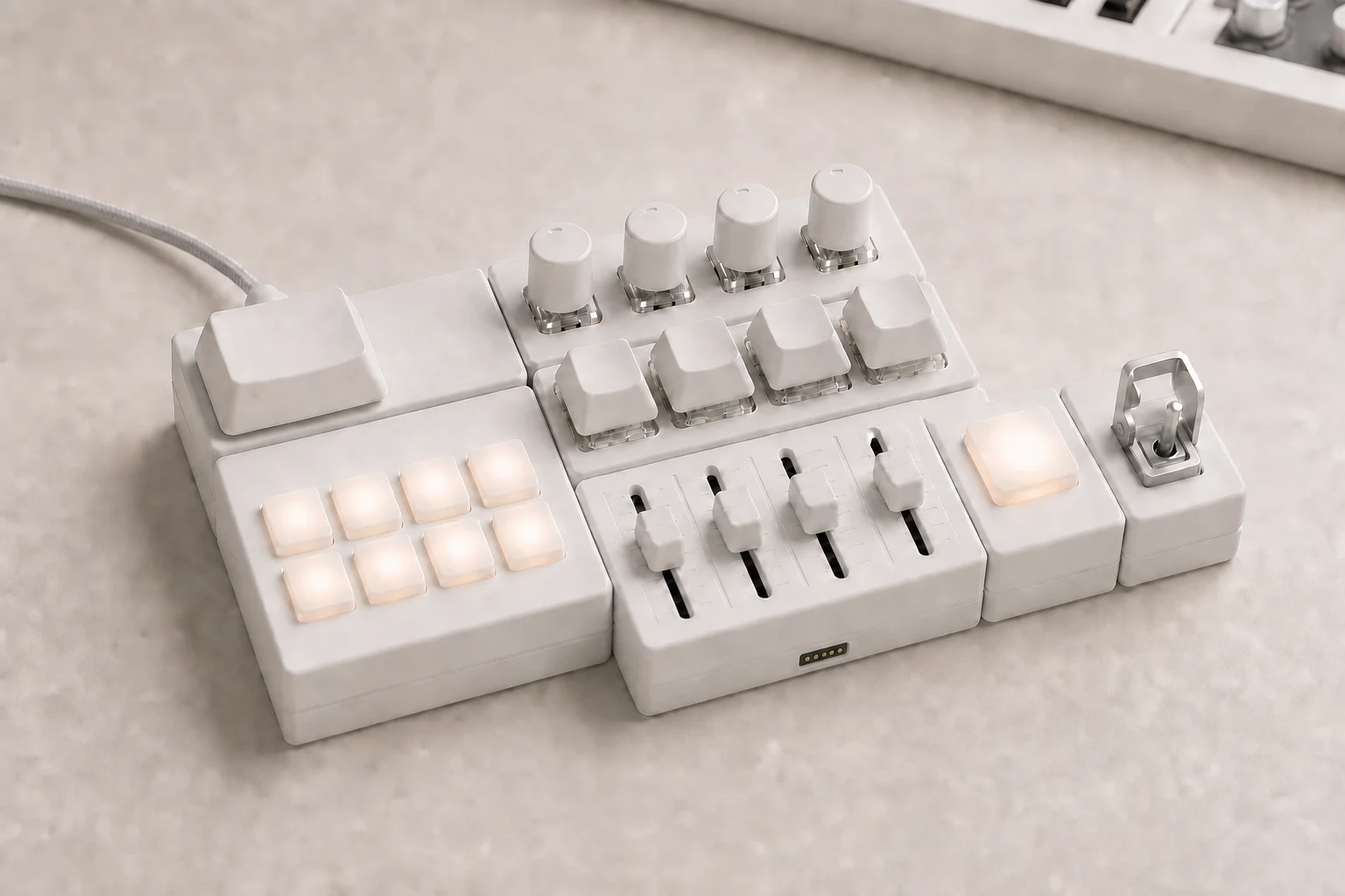 A music producer using a wired OmniNode layout with Main, Mixer, Pad, EncoderBank, Toggle and Light modules.