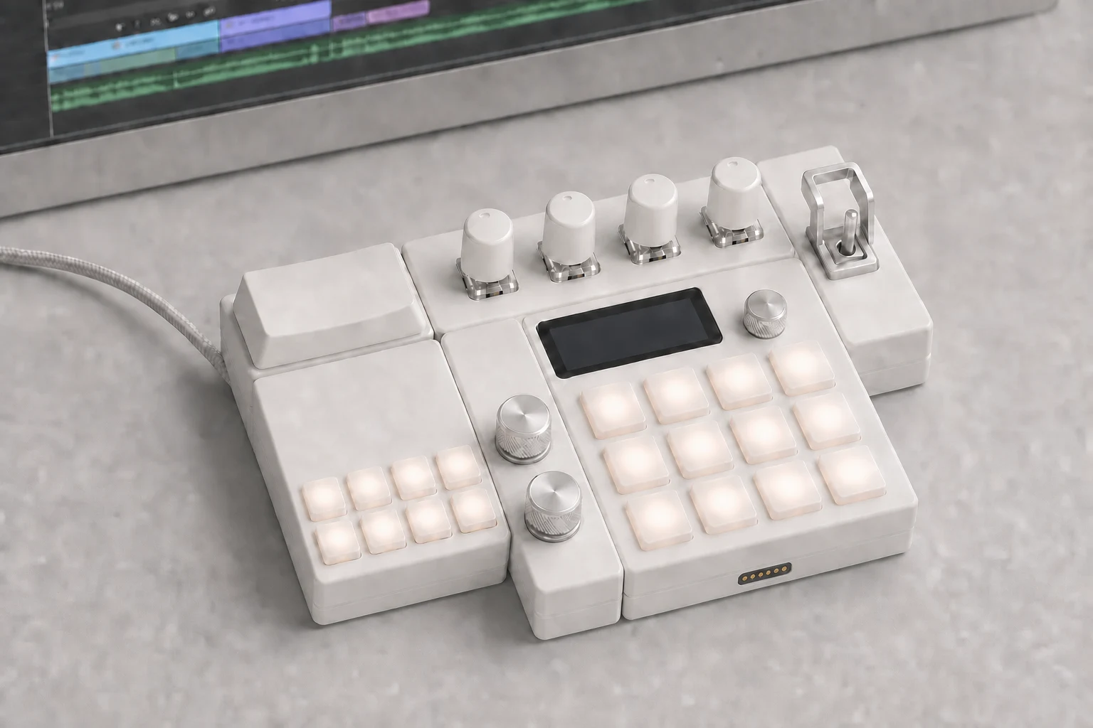 A video editor using a wired OmniNode control layout beside a keyboard.
